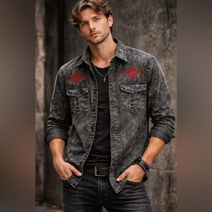 Affliction Black Acid Wash Button Up Shirt Red Embroidered Crosses Mens